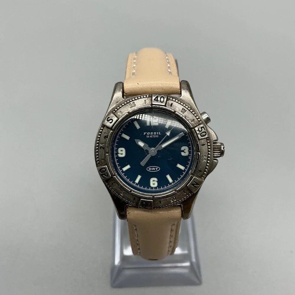 Vintage Fossil DRT DT-4041 Womens Watch 29mm Blue Dial Beige Leather New Battery